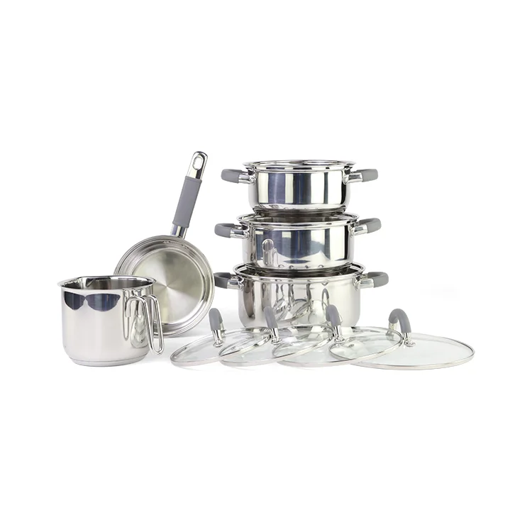 South America style color **pcs industrial rolled edge stainless steel cookware set cooking pot with sandwich bottom