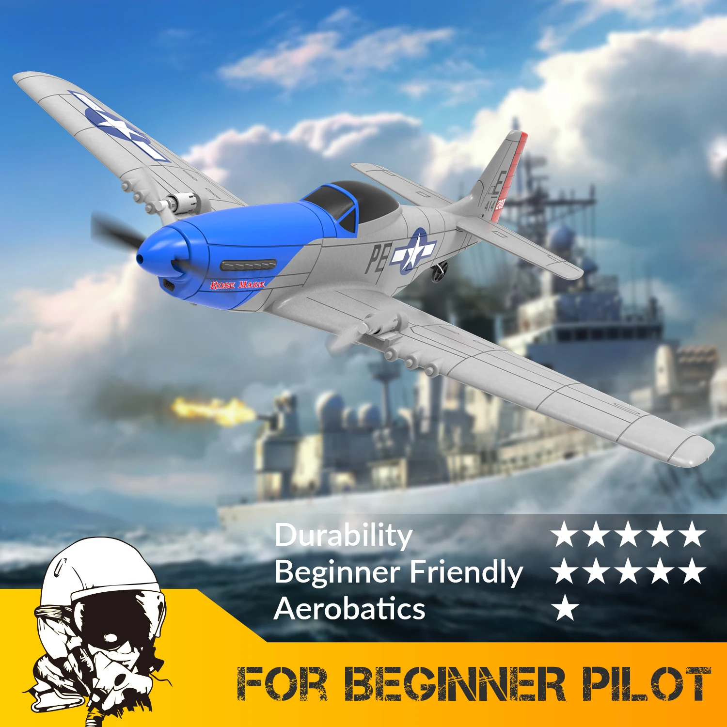 P-51D Mustang 2-Ch Beginner Airplane with Gyro Stabilizer (762-3 Blue)