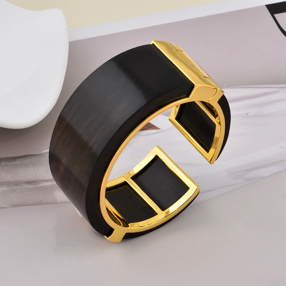 ChinChin Big Vintage Chunky Copper Bangles Jewelry Women 18k Gold Plated Brass Black Ebony Adjustable Cuff Bangle For Women