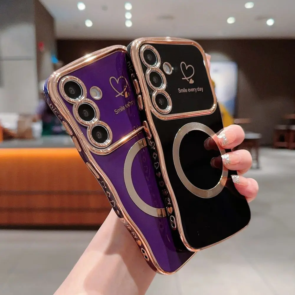 for Samsung S24 Plus Case Magnetic for Women Girls Cute Wave Frame Love Heart Luxury Plating Compatible Shockproof Back Cover