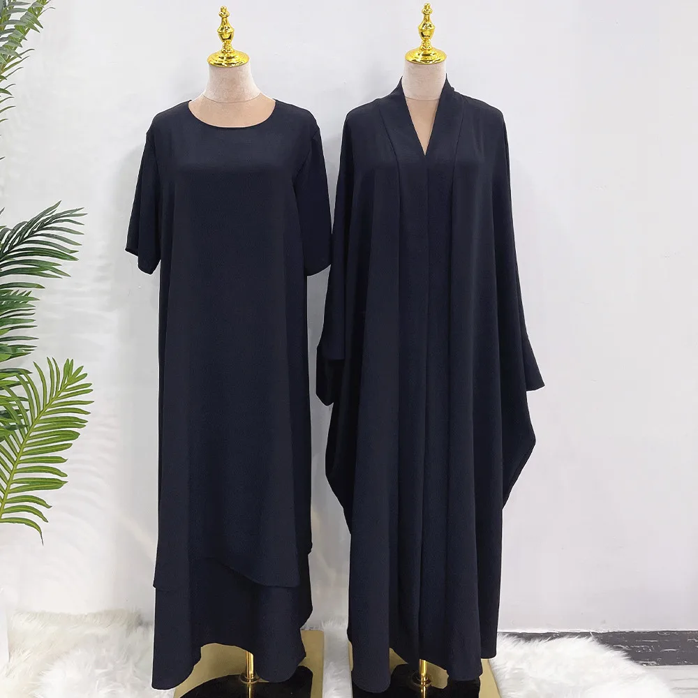 2 piece Muslim Islamic Clothing Suite Ramadan Modest Wear 2 layers Slips Match Open Abaya Crepe Jazz Abaya Set