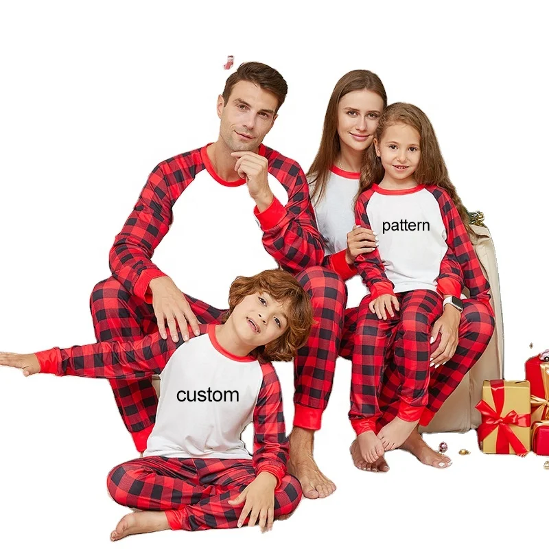 2024 XMAS pjs blank sublimation christmas pajamas 2pcs polyester long sleeve white gingham matching christmas pajamas family