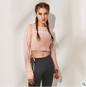 
New bandage yoga clothes long sleeves loose leisure leaking umbilical running fitness clothes were thin sports jacket women 