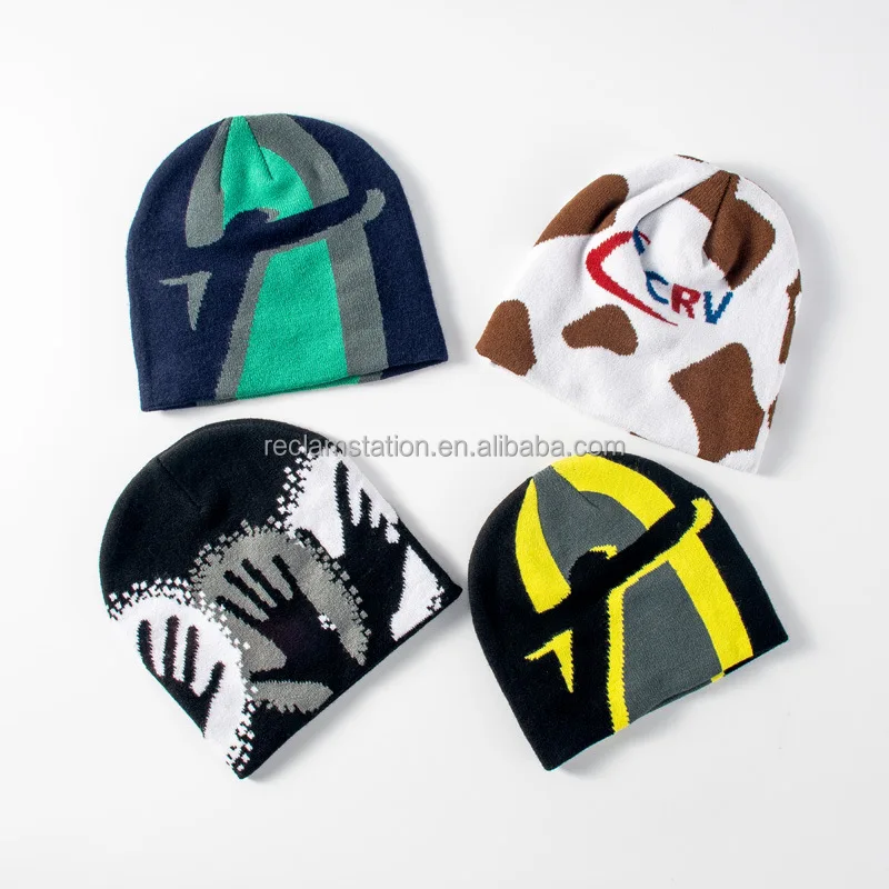 OEM Custom 100% Acrylic All Over Jacquard Beanie With Custom Embroidery Logo Knitted Warm Winter Hats