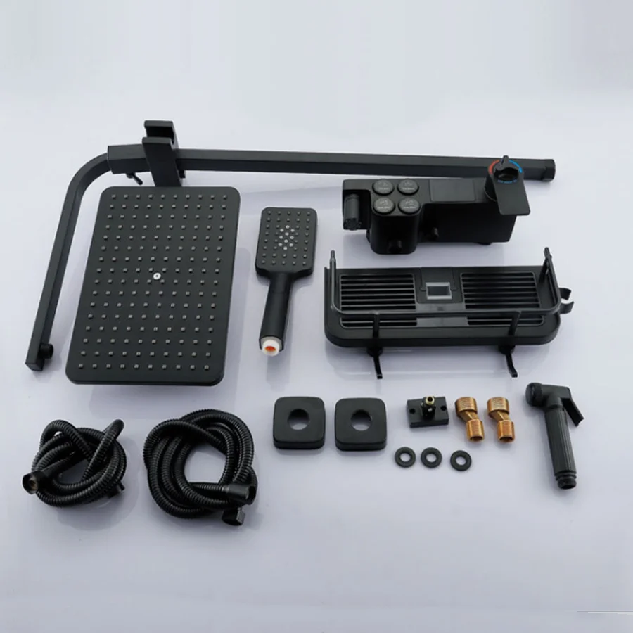 Kahnos Thermostatic Bathroom Shower System Black Gold Brass 4-Keys Bathtub Mixer Faucet Shower Set with Jet Rainfall Spray Panel