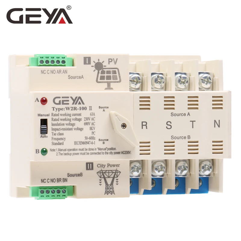 Автоматический переключатель GEYA 2P 3P 4P 63a 220 В ATS двойной