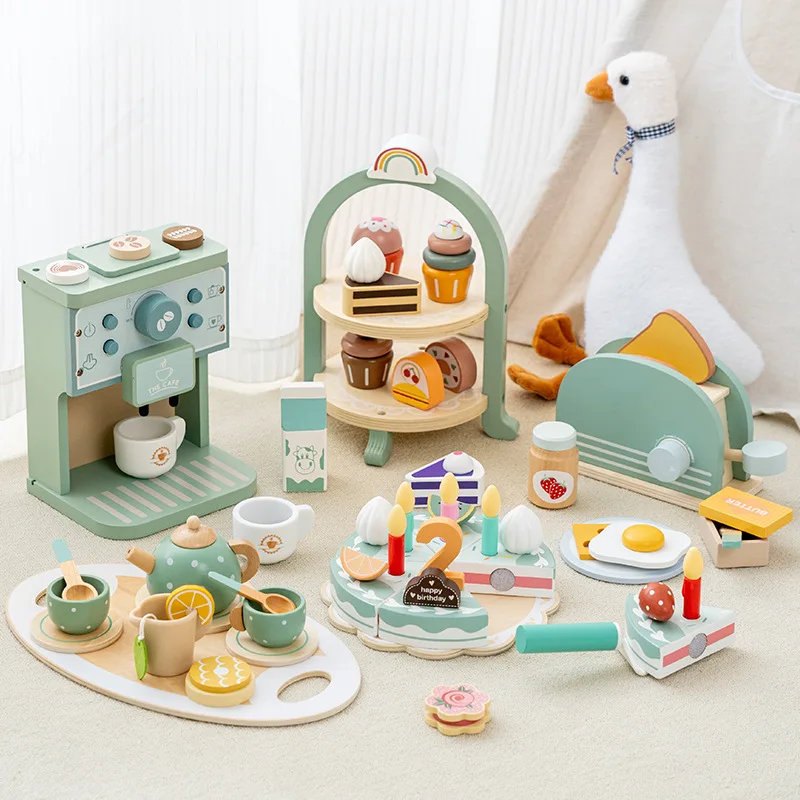Montessori Cartoon Macaron Children Little Cooking Family Baby Mini Afternoon Tea Food Fruits Dresser Toys For Kids Boys Girls