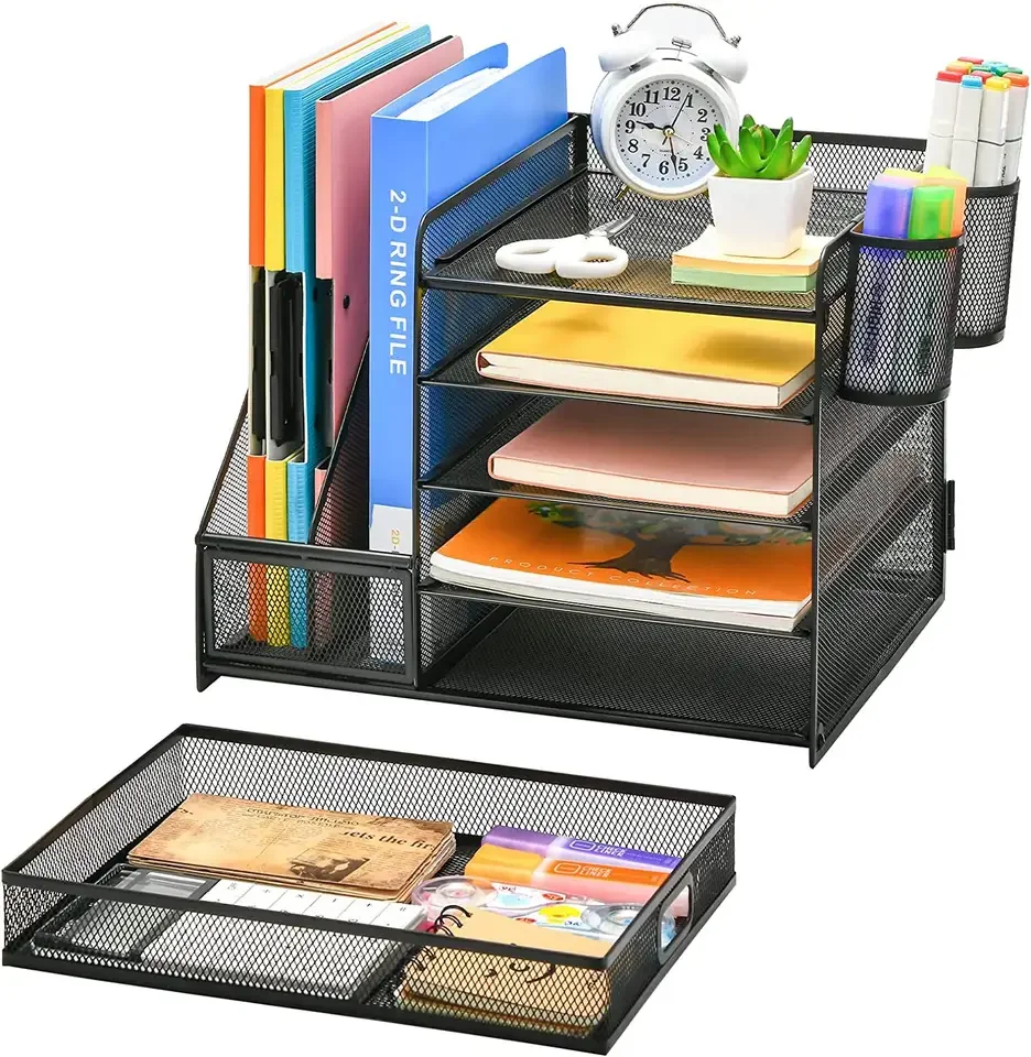 5-Tier Paper Letter Tray Organizer with File Holder - Desk Organizer with Drawer and Pen Holders Metal Mesh Desk Organizer