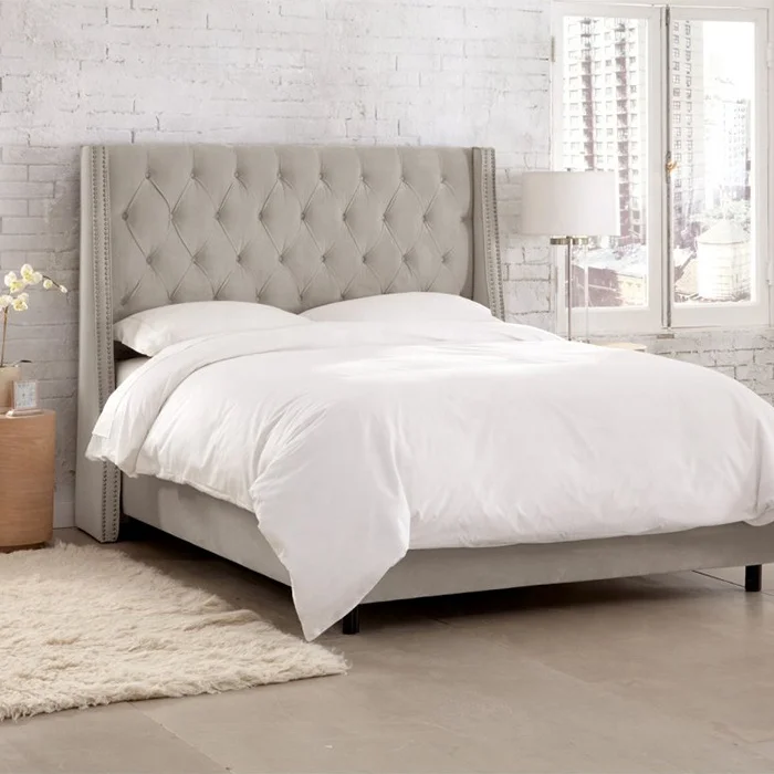 Modern dacron queen king size high wing headboard upholstered fabric bed base frame
