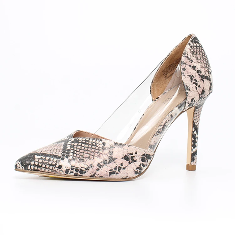 Popular Snake Print Clear PVC High Heel Dress Pump for Women,China Factory Custom Kitten Heel Pointy Toe Sexy Shoe for Ladies