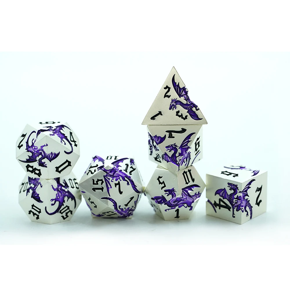 D&d Metal Dice 7 Pcs Dragon Metallic Dnd Dice Set Rpg Gaming Dice For Tabletop Game White With Purple dragon