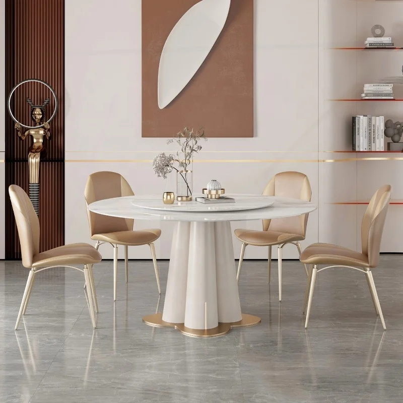 New Modern Home Furniture Stainless Steel Titanium Sealed Glazed Stone Plate Round Marble Table Top Leather Chair Set