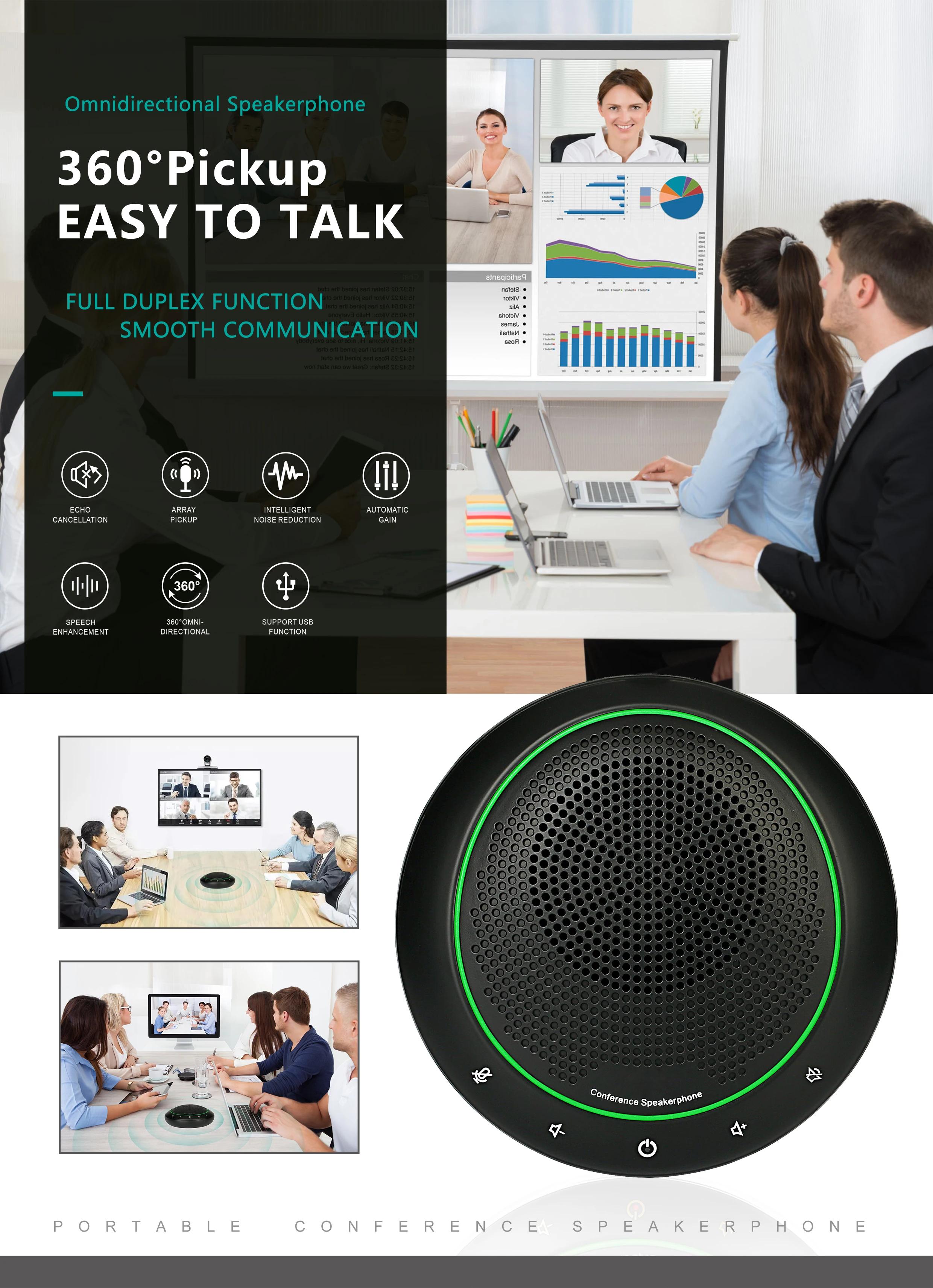 Wireless BT Speaker with Full Duplex Microphone for Conference Meeting M300PLUS Noise Reduction Speakerphone