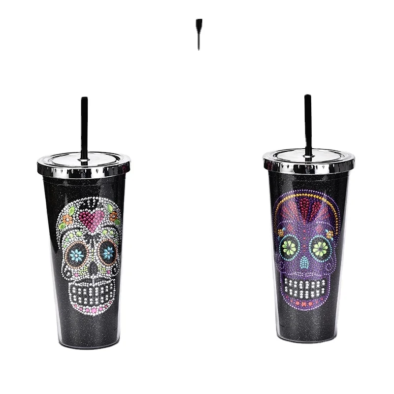 Template Double-layer Plastic Straw Halloween Skull Head Water Cup