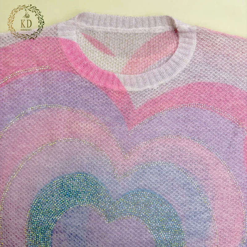 KD Knitwear Manufacturer Custom OEM ODM Knit Printed Hot Diamond Rainbow Gradient Knitted Jumper Sweater