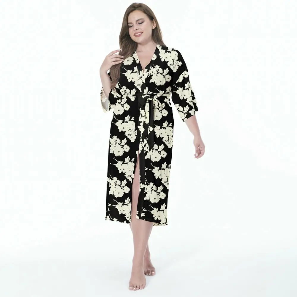 Custom Design Floral Printing Long Satin Viscose Night Kimono Robe for Women Plus Size Wholesale Bulk Free Custom Pajamas
