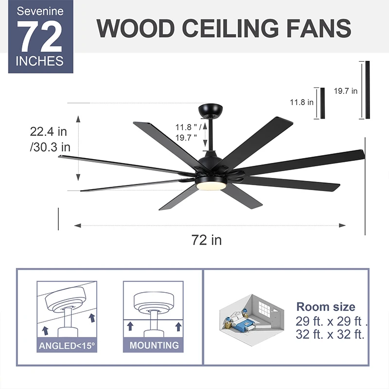 72 inch Industrial Large Ceiling Fans with Lights and Remote Indoor/Outdoor Black Modern Warehouse Farmhouse Ceiling Fan