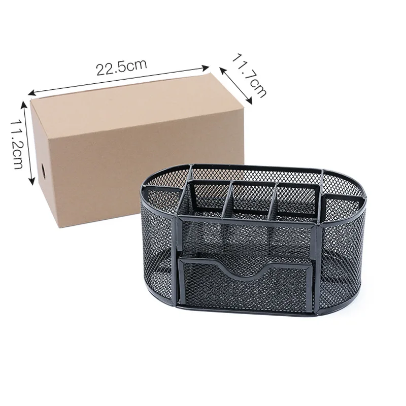 Metal Pen Stand Pencil Holder Mesh Organizer Desktop Organiser Storage with Removable Drawer