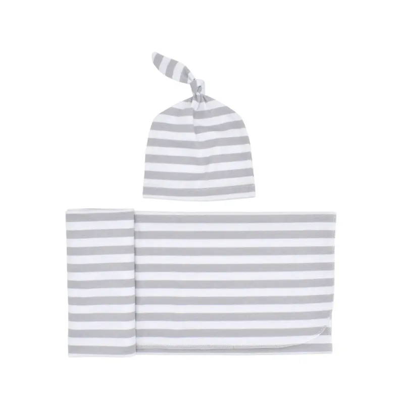 
Newborn Kids Holding Blanket Top Knot Headband Set Striped Pattern Soft Cotton Baby Blanket 