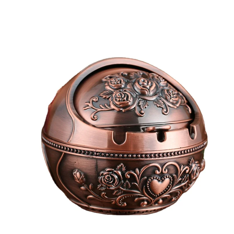Bronze Zinc Alloy Retro Windproof Anti-Smoke Stainless Steel Embossed Design Ball Shaped Metal Ashtray For Office Hotel Bar