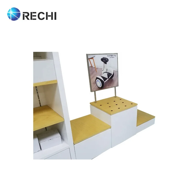RECHI Mobile Phone Store Display Fixture Floor Standing Wooden Retail Pop-up Display Stand With Sign for Electric Car Balance