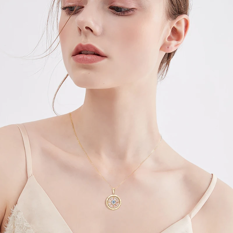 Bling Cubic Zirconia Neck Jewelry Gift 925 Sterling Silver Chain Necklace Exquisite Compass Pendant Necklaces for Women