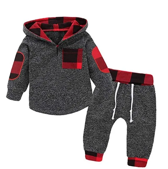 Infant Toddler Boys Girls Sweatshirt Set Winter Fall Clothes Outfit 0-3 Years Old,Baby Plaid Hooded Tops Pants