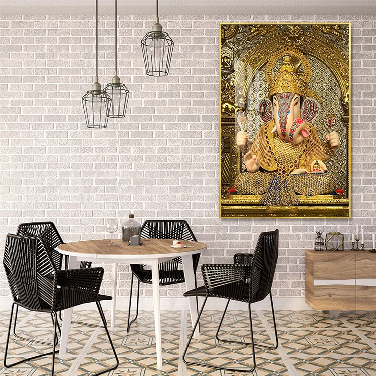 Religious Golden Elephant Decorative Paintings Crystal Porcelain Buddha Picture Lord Ganesha Wall Art For Home Decoration