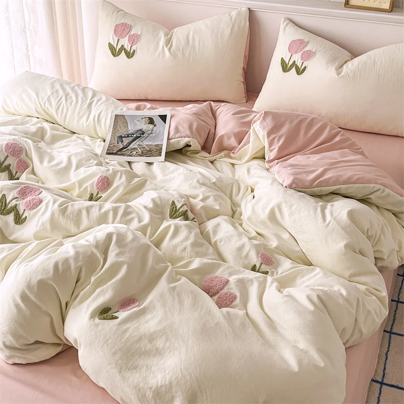 Luxury Washed Microfiber With Towel Embroidery Flower Flocking Duvet Cover Bedding Set