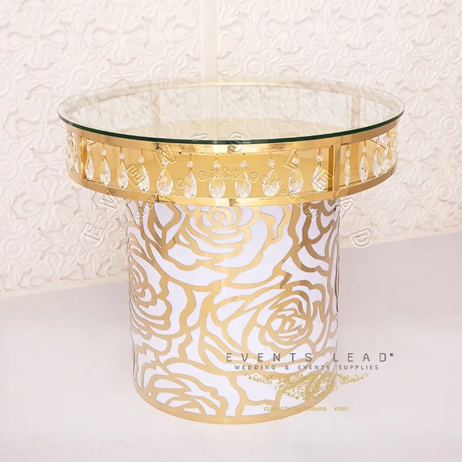 Luxury Rose Pattern Hanging Crystal New Design Round Gold Cake Table Wedding