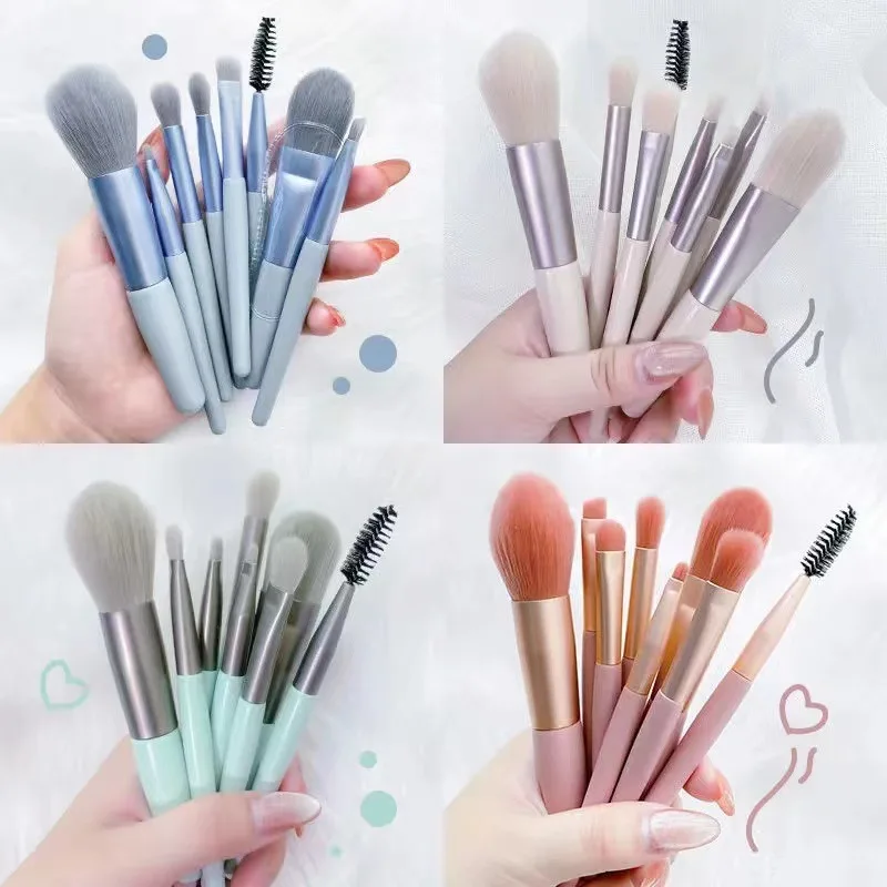 Custom Logo Portable 8pcs Plastic Handle Nylon Hair Makeup Brushes High Quality Make Up Tools Kit Makeup Brush Set