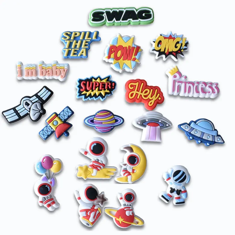 
Fashion DIY charm Cartoon Outer Space Soft silicone Letter Jibbitz Shoe Charms For Crocs PVC Kids Jewelry Accessories 