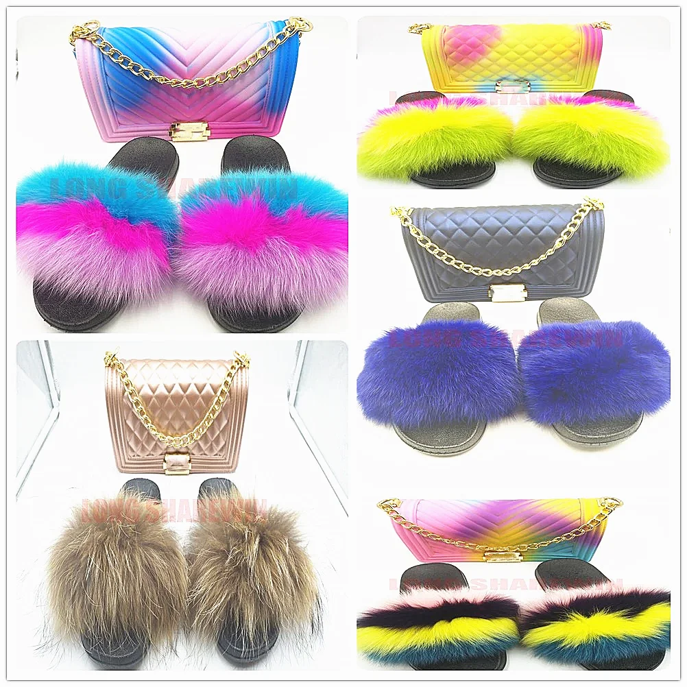 free samples on sale trend fashion rainbow gradient pvc bags jelly bag with popular shoe real fur slides purse and handbags