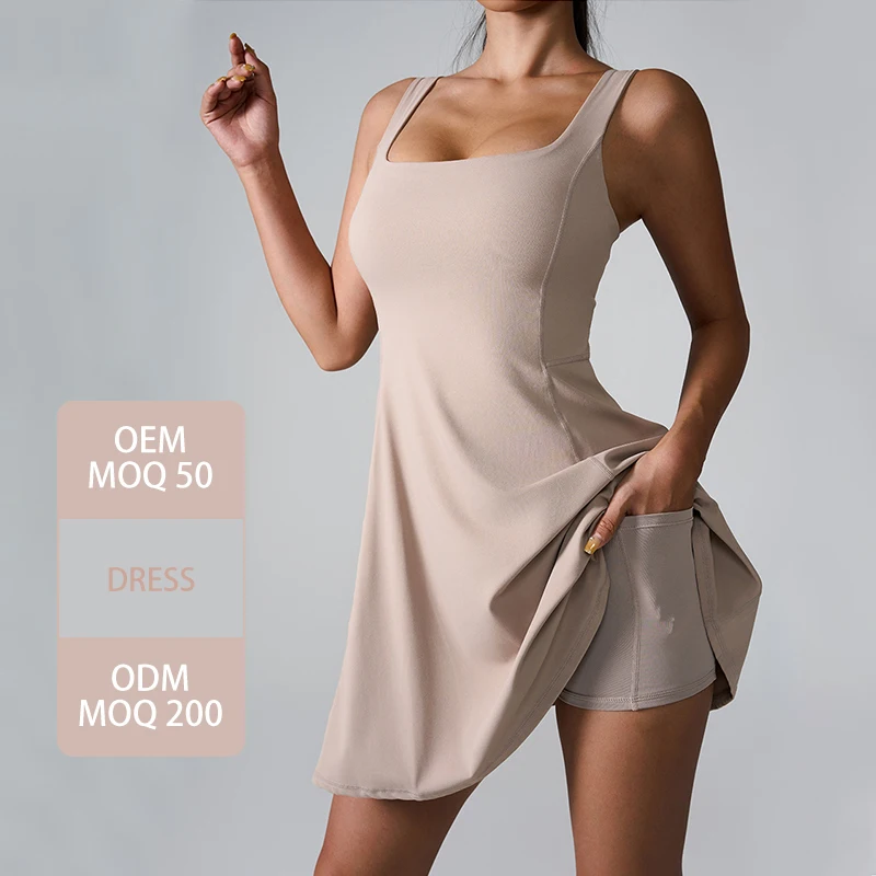 F2165 Sleeveless Built in Bra Shorts side Pockets exercise golf Workout Athletic Tennis Dress for women yoga activewear