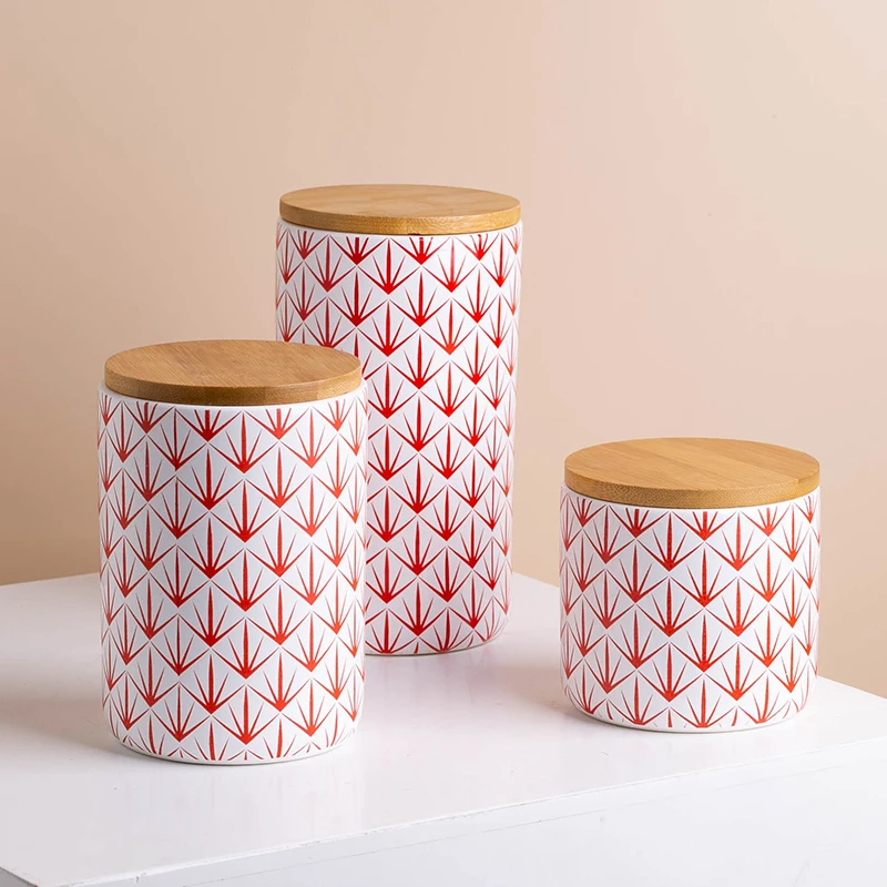 Food Storage Canister Ceramic Red Print Jar Bamboo Lid Sugar Coffee Tea Container Jar For Food