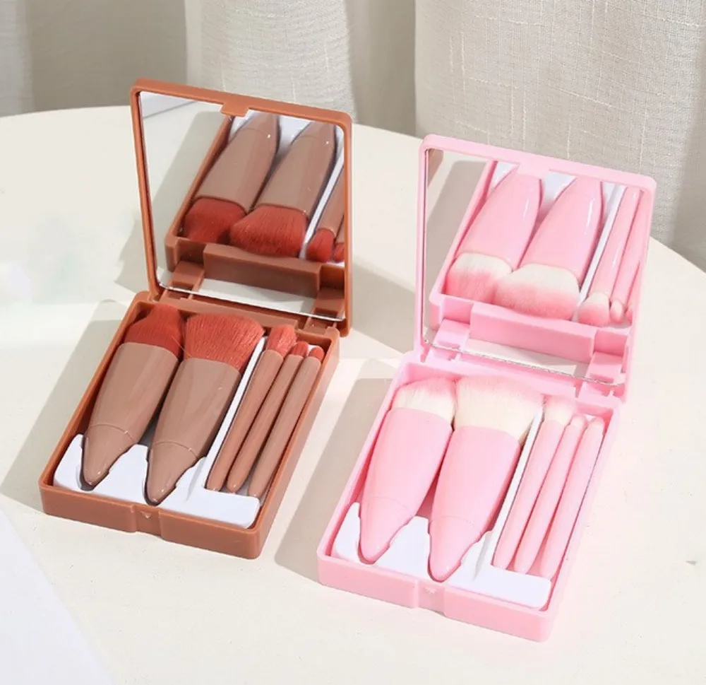 Wholesale Facial Cosmetic Brush 5pcs Professional Soft Synthetic Packing Makeup Brush Set With Mirror