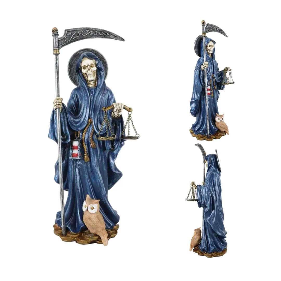 Holy Death Religious Robe | Skeleton Statue Standing Santa Muerte Holding Scythe and Scales of Justice with Wise Owl Figurine