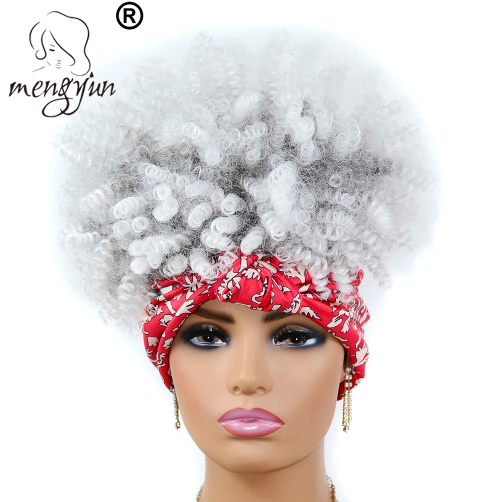 
TJB0-1BT60B#white color Kinky Curly Wigs with red Scarf Hair Wig Afro women Drawstring Wig with Bangs Head Scarf Hair 
