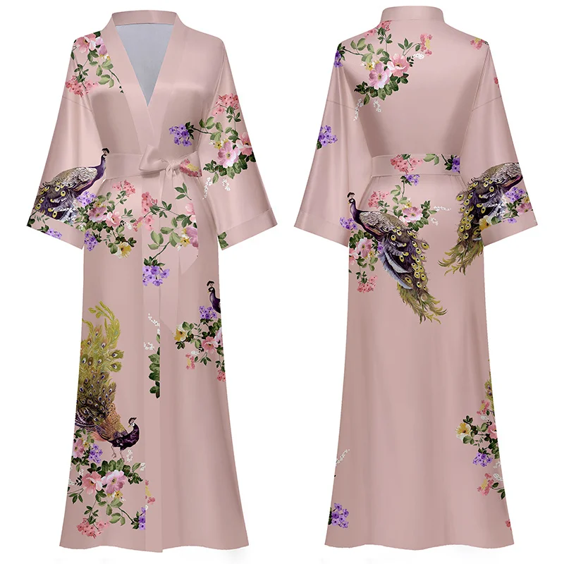 custom hot selling free size kimono collar robes pyjamas women robe smooth women satin silk long kimono robes