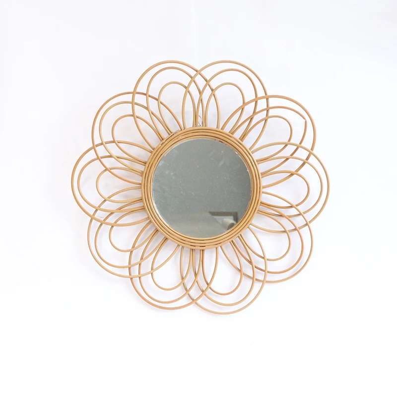 Modern style Home Decoration Rattan Flower Shaped Wall Mirror Living Room Hand woven Wall Decoration Mirror