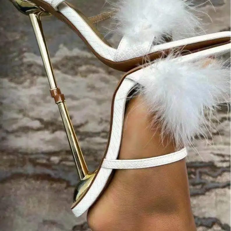 2022 new pointed crackle leather turkey feather slippers female plus size sexy high heel slippers