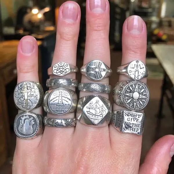 Custom Compass Men 9k Gold 925 Sterling Silver Engraving Stainless Steel Double Crown Rectangular Male Gold Plated Signet Ring