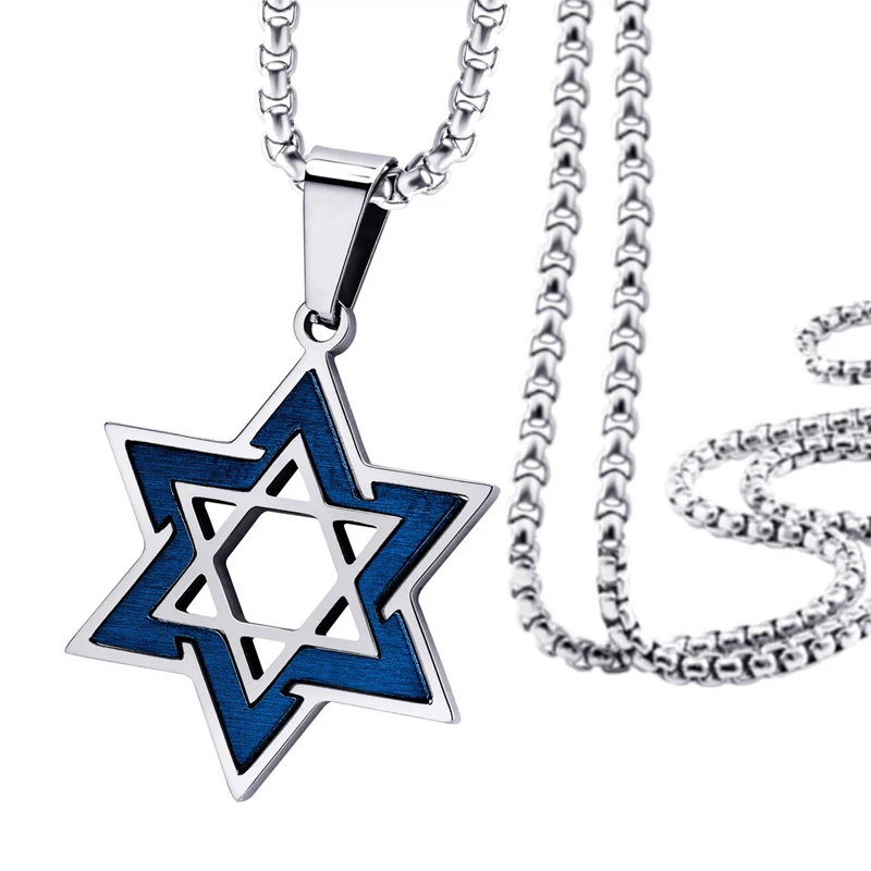Fashion Stainless Steel Silver Hexagrams Star necklace Religious Amulet Men Statement Israel Star of David Pendant Necklace