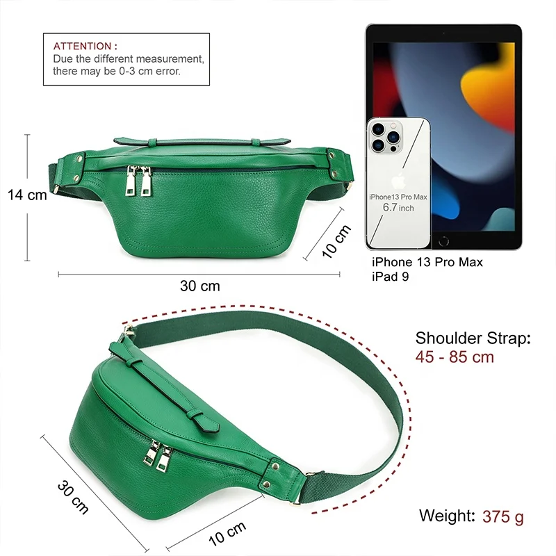 Women Multifunction Hiking Running Waist Pack Green Casual Traveling Carrying Pouch Genuine Leather Hip Bum Bag Fanny Pack
