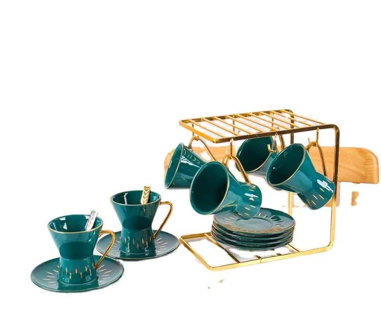 Arabic 12 pcs Cup& Saucer Sets Luxury Gold Handle Ceramic Cup Sets 12 pcs Coffee Sets Wholesale Porcelain Green Color Cups