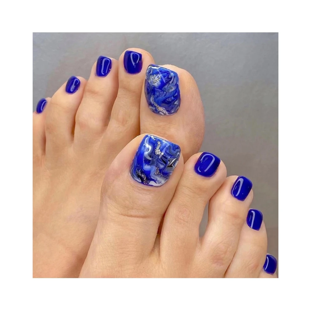 24pcs ABS False Foot Nail Tips Blue Marble Glitter Fake Toenails Red Full Cover Artificial Press on Toe Nails with Rhinestone