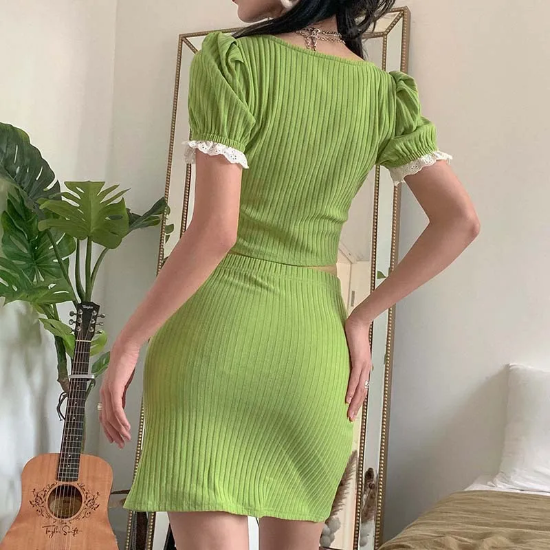 NADANBAO Summer New Hot Sale Solid Color Cropped Top Slit Skirt Suit Lady Elegant Sexy Skirt