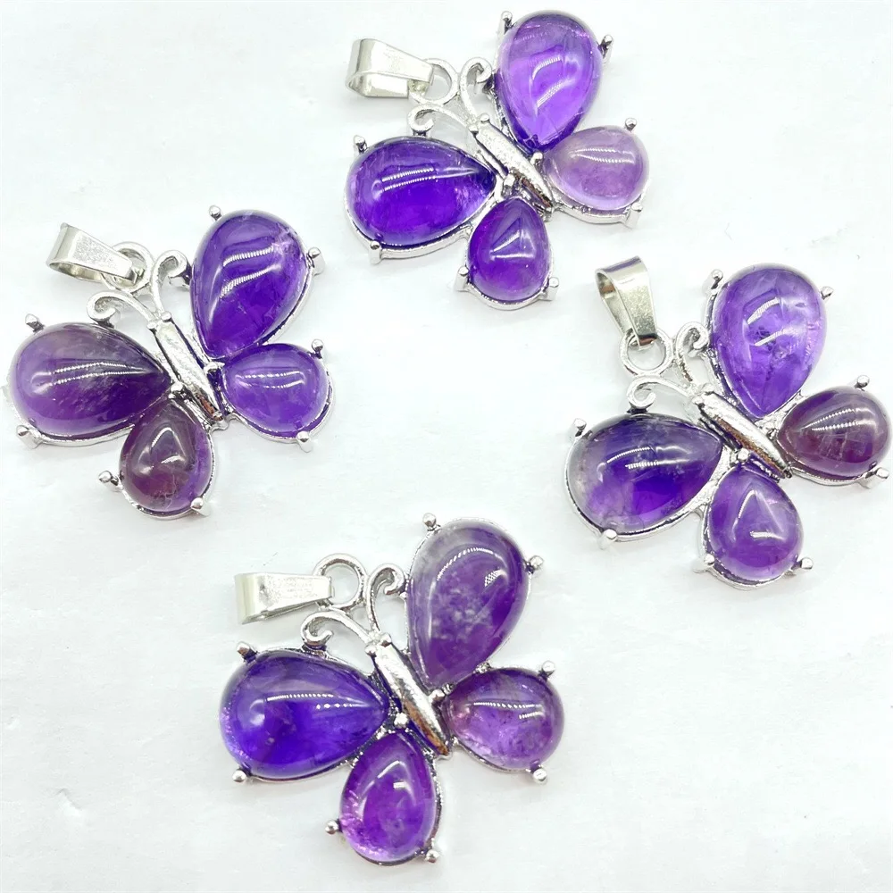 Natural Healing Stone Agate Rose Quartz Clear Crystal Amethyst Jade Butterfly Shaped Necklace Natural Stone Pendant Jewelry