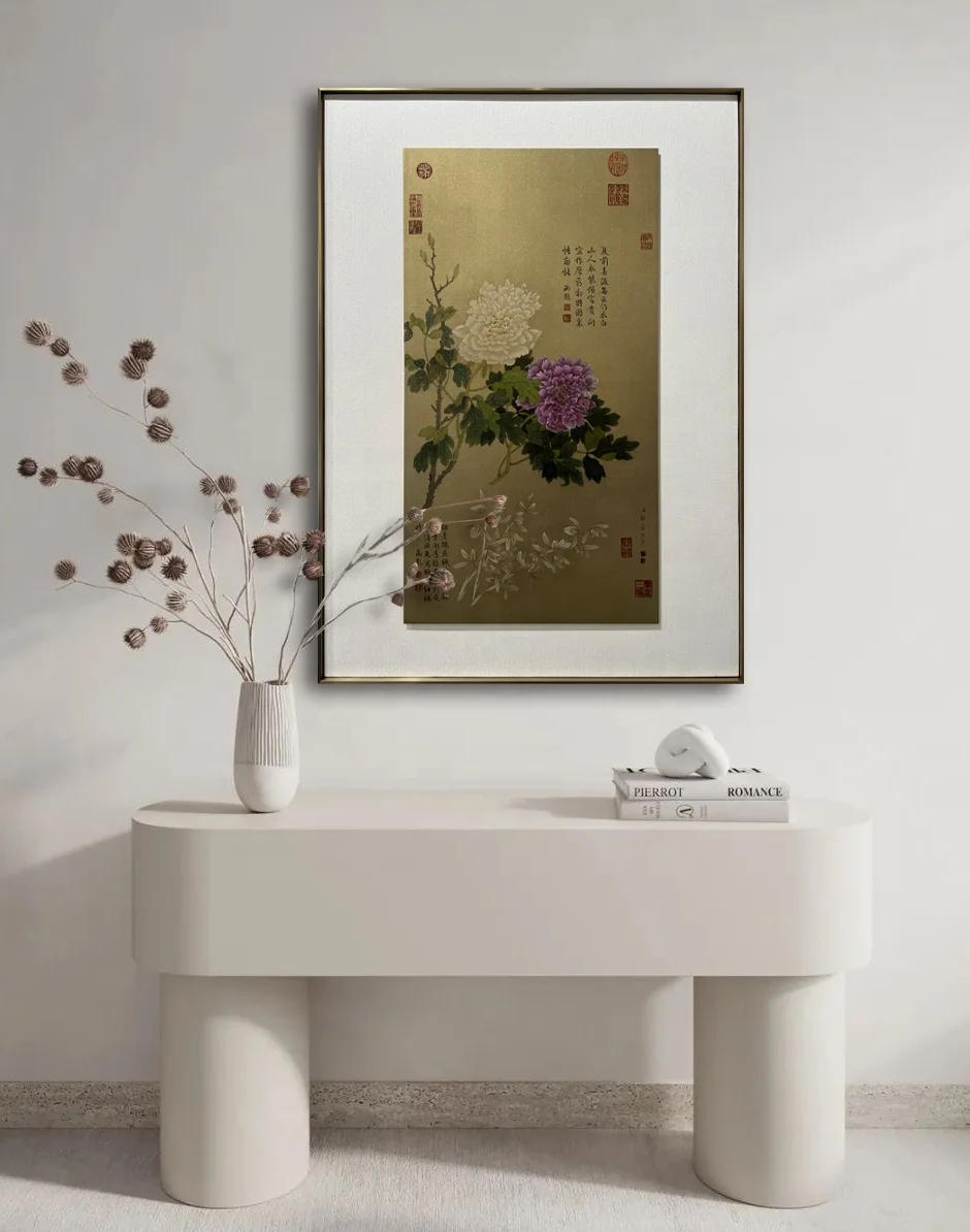 Chinese ancient style flower painting hotel wall art indoor home decorative copper plate linen metal frame painting