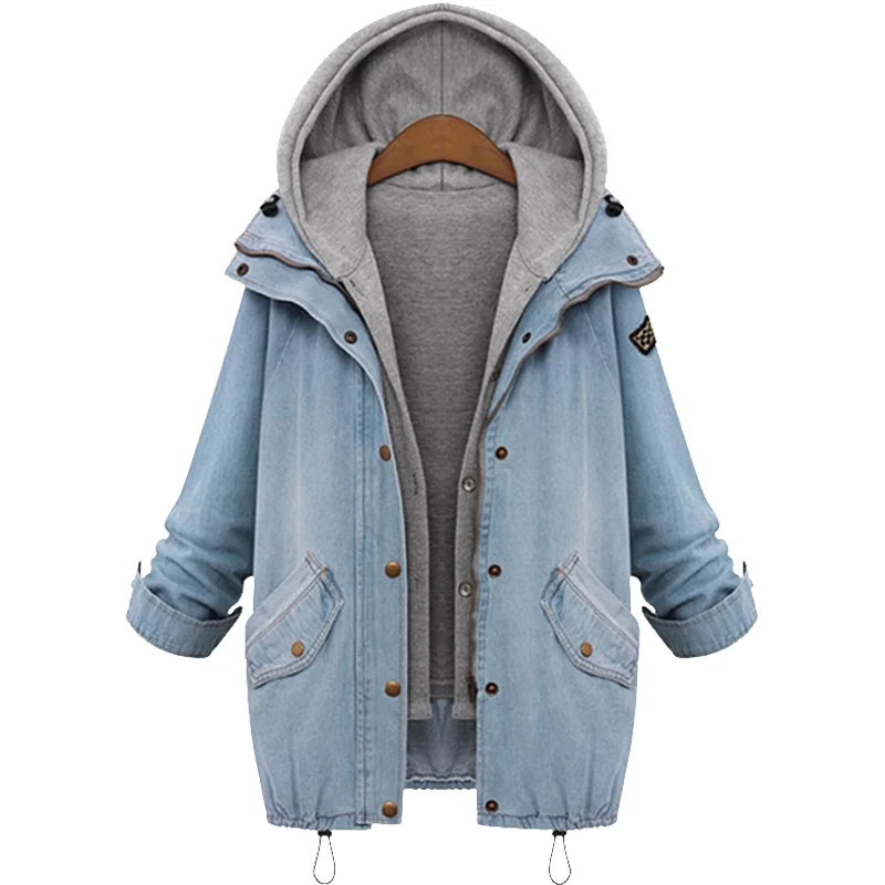 JACKETOWN Korean Women two piece hooded vest denim jeans jackets plus size denim coat for ladies